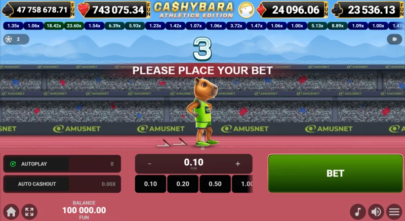 Cashybara Athletics Edition - huvudskärm för loppet med multiplikatorräknare